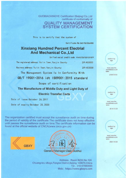 चीन Xinxiang Hundred Percent Electrical and Mechanical Co.,Ltd प्रमाणपत्र